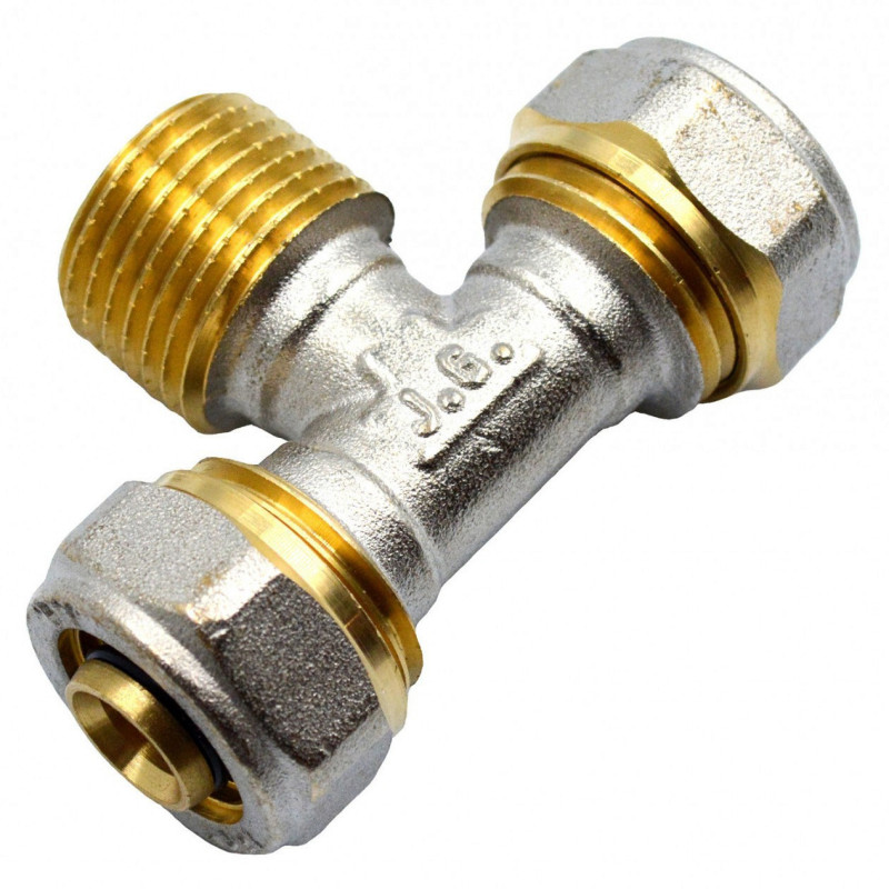 Згін американка трійник для металопластикових труб Valve J.G. АВ 20 х 3/4 х 20 зовнішнє різьблення з проточкою латунь
